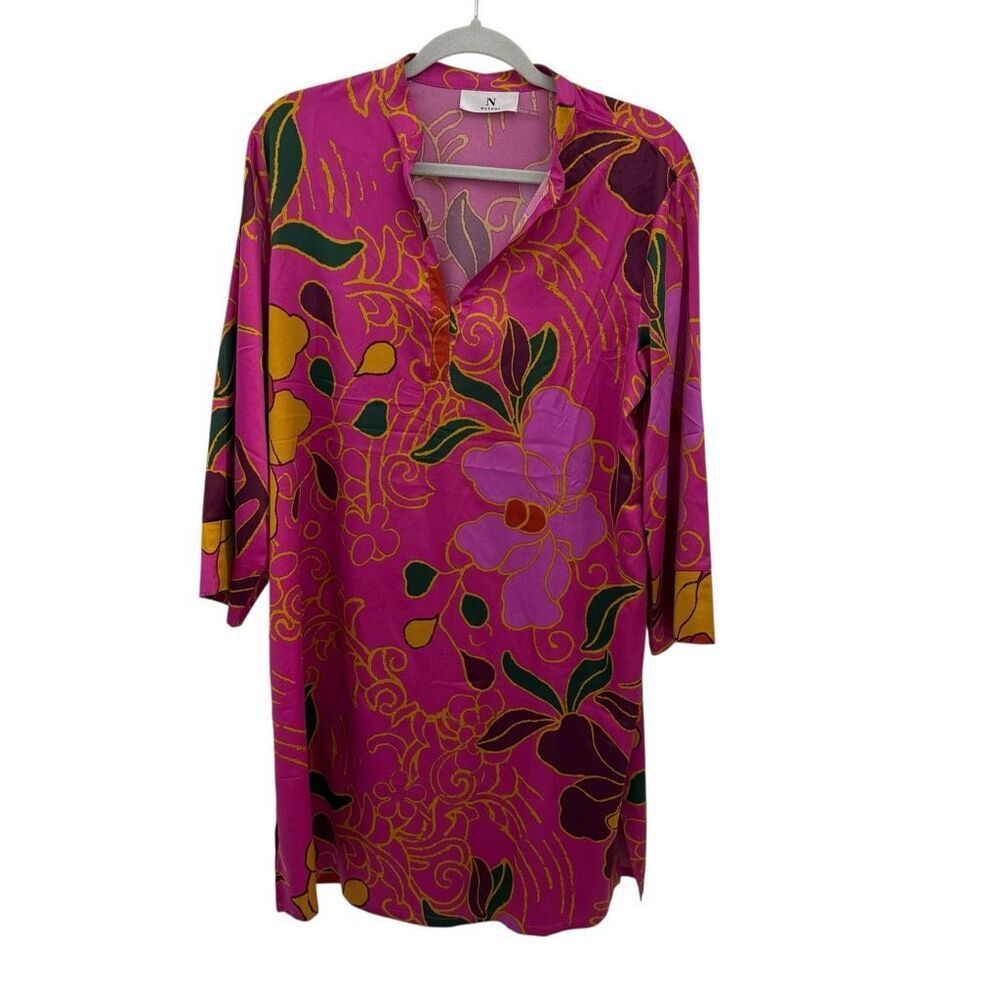 Natori Nomad Satin Kaftan Size Small Pink Floral Print Wide Sleeve Asian Inspire